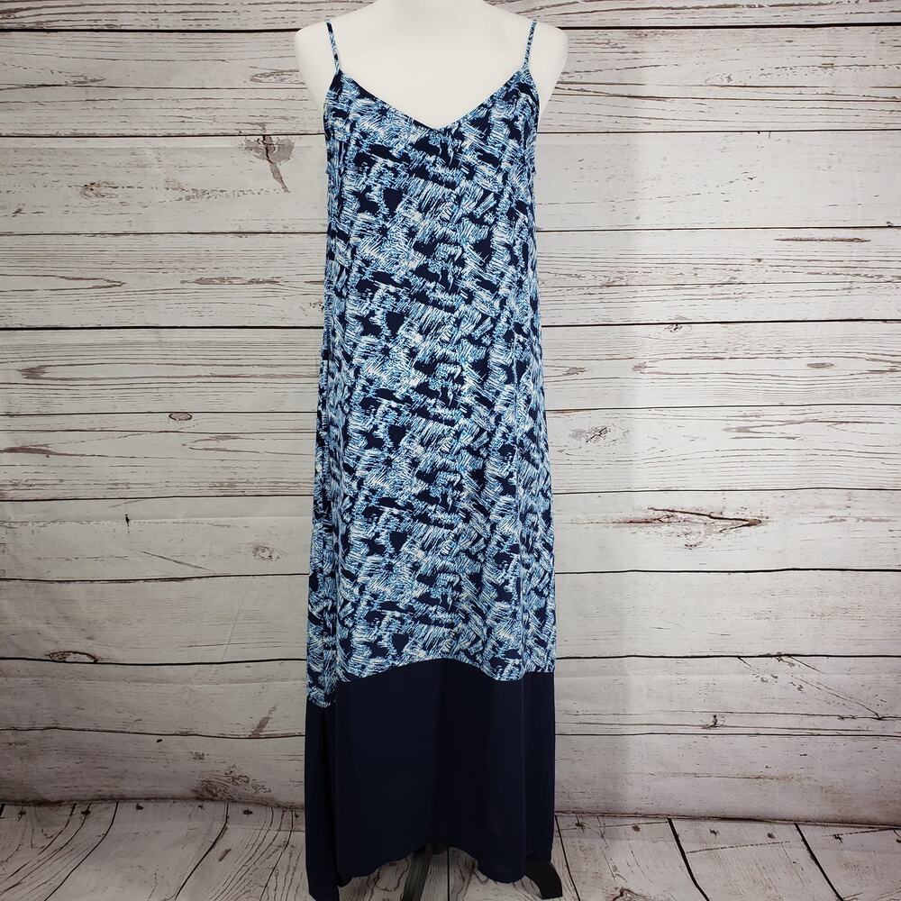 Just Fab Blue Printed V- Neck Strap Top Hi-Low Hem Dress Small